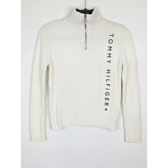 Tommy Hilfiger Sweater Ribbed Knit Quarter Zip Turtleneck Spell Out Y2K Size M - Picture 1 of 14